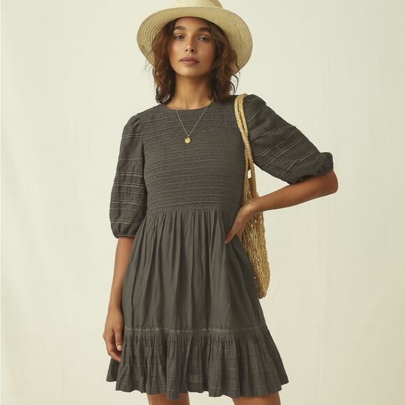 ANTHROPOLOGIE x OTHILIA Puff Sleeve Cottagecore Dress Gray Sz 2 {B25} - Picture 1 of 5